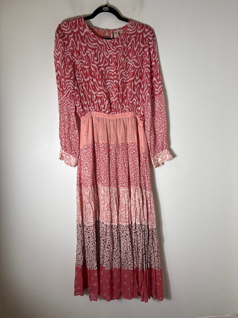 DOLAN Pink Long Sleeve Patchwork Tiered Maxi Dress Sz S